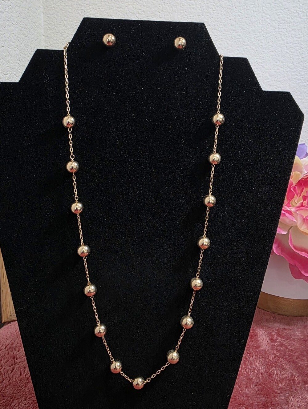 Gold Beaded Long Necklace and Stud Earrings Set - Women Jewelry